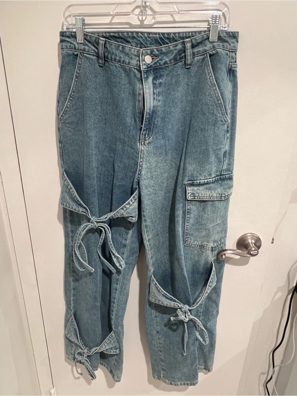 Cider Blue Tie-Cuff Cargo Flare Jeans
